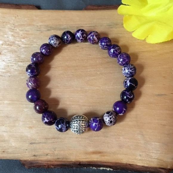 Purple jasper stretch beaded hand crafted bracelet with silver focal stone - Picture 2 of 4